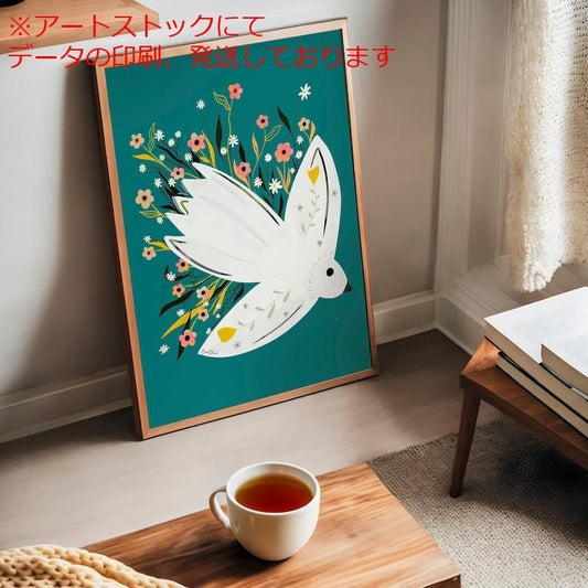 mz ポスター A3 (A4も可) 鳥の花のイラスト ウォール アート - カモメ エメラルド グリーンの花のポスター 楽しい大