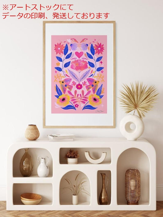 mz ポスター A3 (A4も可) ピンクの花柄ウォール アート - 明るい色のボヘミアン アート プリント インスタ
