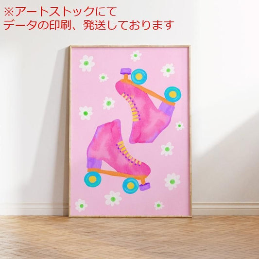 mz ポスター A3 (A4も可) ピンク マキシマリスト ポスター - 折衷的な印刷可能ウォールアート ピンク ローラースケー